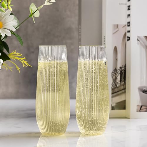 HOMIP 36pcs Clear Plastic Champagne Flutes - 9oz Disposable Champagne Flutes Stemless Toasting Glasses, Ribbed Ripple Desi...