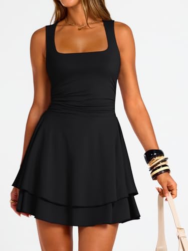 Trendy Queen Women's Square Neck Summer Party Flowy Ruffle Hem Ruched Waist Mini Dress