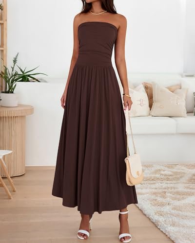 BTFBM Summer Maxi Dresses for Women 2026 Strapless Ruched Tube Top Beach Vacation Spring Wedding Guest Dress Pockets