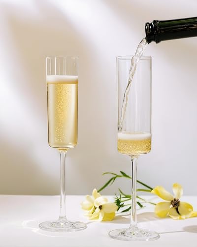Nervure 24 Pack Plastic Champagne Flutes - 6 Oz Clear Disposable Champagne Flutes - Square Plastic Toasting Glasses for Pa...