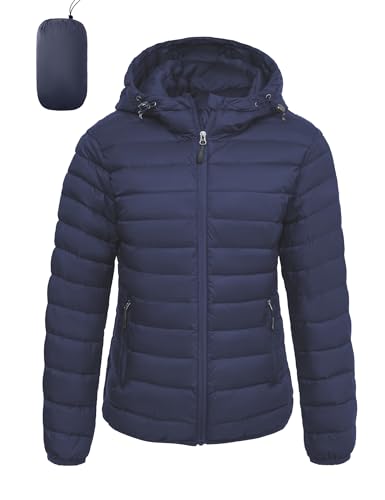 Women's Lightweight Packable Puffer Jacket Quilted Insulated Warm Winter Coat Full-Zip Hooded Outerwear for Hiking Travel