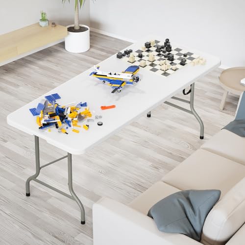 VINGLI 6 Foot Plastic Folding Table Portable Long Table for Indoor Outdoor Use Rectangular with Carrying Handle, Smooth HD...