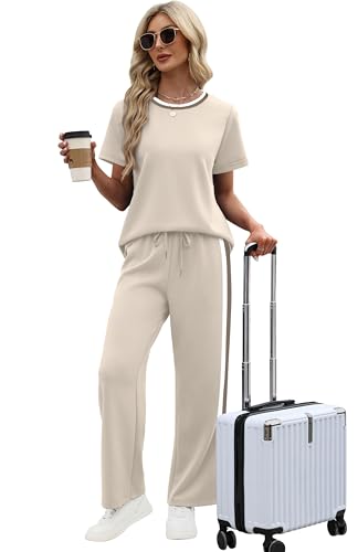 WIHOLL 2 Piece Lounge Sets for Women Matching Set Summer Outfits Short Sleeve Tops Wide Leg Pants with Pockets