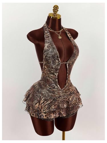 Verdusa Women's Y2K Leopard Print Halter Romper Backless Sleeveless Layered Ruffle One Piece Outfit
