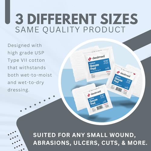 Dealmed 3’’ x 3’’ Sterile Gauze Pads (100 Count) Disposable and Individually Wrapped Medical Gauze Pads, Wound Care Produc...