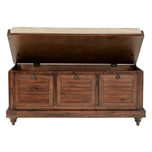OSP Home Furnishings Dover Coastal Lift-Top Storage Bench with Shutter Face Styling, Distressed Brown Finish with Beige Linen Fabric Cushion