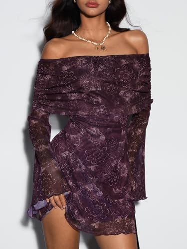 Verdusa Women's 70s Vintage Floral Off The Shoulder Dress Foldover Long Sleeve Bodycon Mini Dress