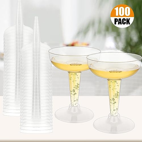 FVIEXE 100 Pack Plastic Champagne Coupe Glasses, Disposable Plastic Party Champagne Glasses, 4 Oz Clear Cocktail Martini M...