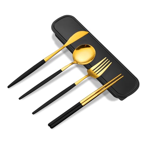 Novasteel Premium Travel Flatware Set,4 Pieces Golden Stainless Steel Flatware with Black Coated Handles and Eco-Friendly ...