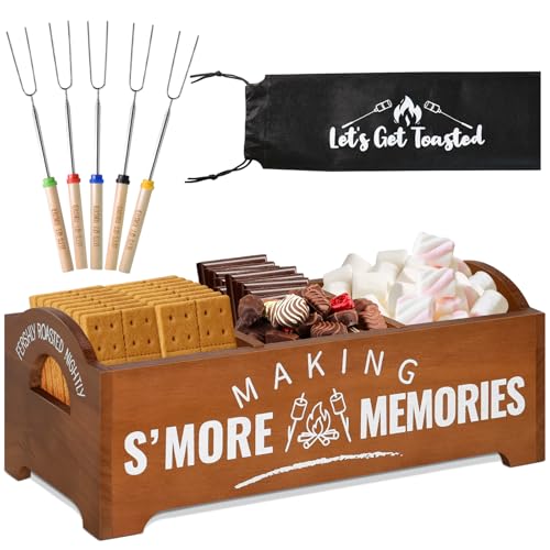 Smores Kit, S'Mores Station with 5 Extendable Marshmallow Roasting Sticks, Farmhouse Smores Caddy with Handles, Wood Smore...