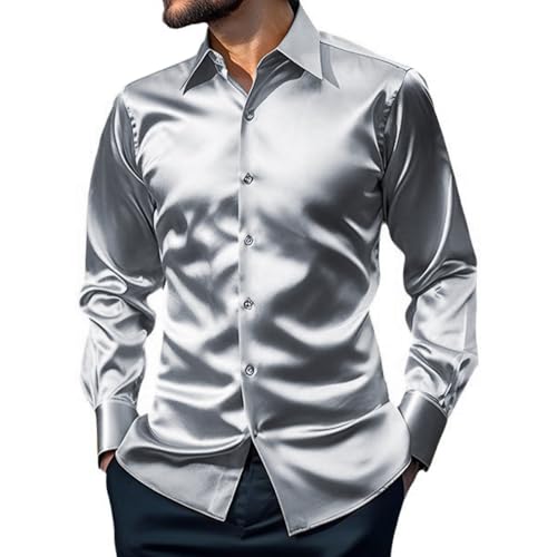 AOTORR Men's Luxury Shiny Silk Like Satin Button Up Dress Shirts Slim Fit Long Sleeve Nightclub Party Disco Prom Shirts