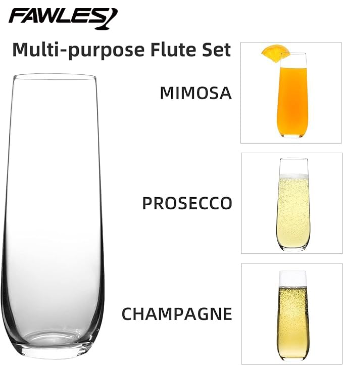 FAWLES Stemless Champagne Flutes Set of 12, Crystal Glass, 8 oz Champagne Glasses, Prosecco Mimosa Glasses Set