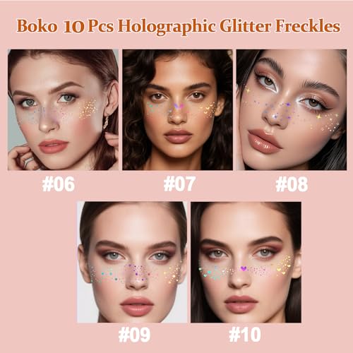 Boko 10Pcs Holographic Glitter Freckles Face Tattoo, Star Face Glitter Speckles Makeup Patches for Pride Accessories, Wate...