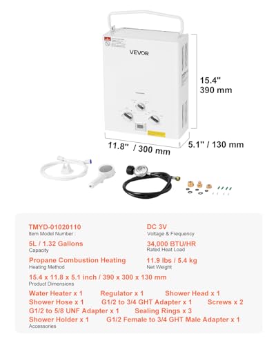 VEVOR Portable Propane Water Heater, 5L Tankless Outdoor Water Heater, 34000 BTU 1.32 GPM Instant Hot Water, with Accessor...