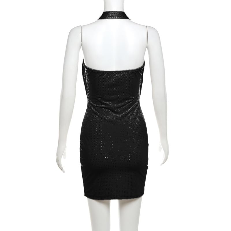 Women Sexy Sparkly Dots Prom Dress Halter Deep V Neck Ruched Backless Bodycon Mini Dress