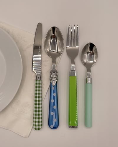 The Original Brink House Eclectic Blue Green Mix & Match Stainless Steel Cutlery Set / 16 pieces with Metal Stand/Lifestyl...