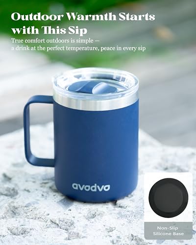 avodvo 12oz Insulated Coffee Mug with Lid – Includes Two Lids, Stainless Steel Coffee Travel Mug with Handle, Double Wall ...