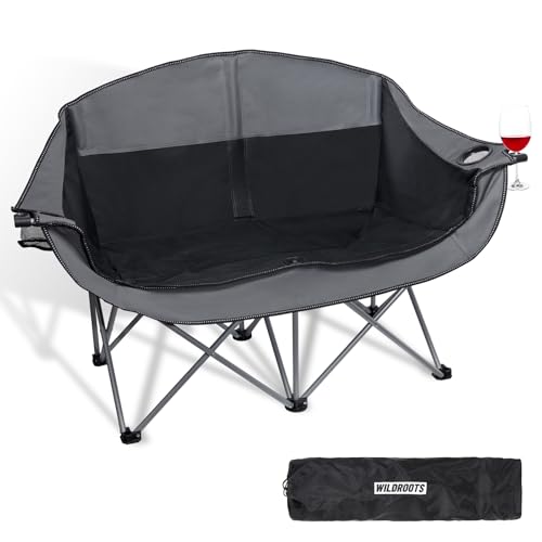 WILDROOTS Outdoor Folding Double Camping Chair Adults 2 Person,Heavy Duty 600 LBS Loveseat with 2 Cup Holder,Portable Carr...