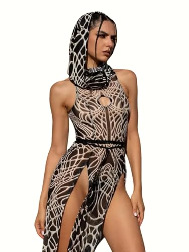 Women's Desert Warrior Mesh Costume Set – Cyber Print Bodysuit with Split Skirt and Face Hood for Festival & Rave