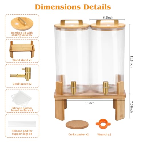 1.5 Gallon Glass Drink Dispensers for Parties, 2 PCS Beverage Dispenser With Wood Stand,Vertical Stripes Glass Lemonade Di...