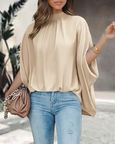 BTFBM Womens Summer Tops 2026 Mock Neck Batwing Sleeve Shirts Loose High Low Hem Oversized Dressy Casual Spring Blouses