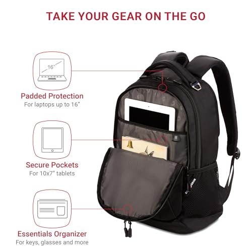 SwissGear 5505 Cecil 16” Laptop Backpack Black – Daily Laptop Bag with Gear Attachment Options – Multiple Organizer Pocket...