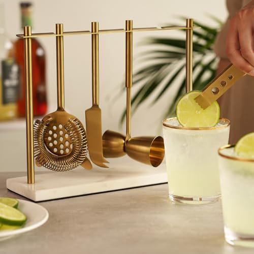 Twine Bar Tool Set Includes Hawthorne Strainer, Citrus Knife, Ice Tongs, Double Jigger with Marble Display Stand for Class...