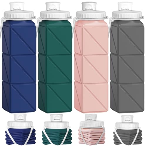 Popdigito 4pack Collapsible Water Bottles, 20.6oz Foldable Water Bottle BPA Free Reusable Lightweight LeakProof Travel Sil...