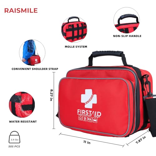 Raismile 505 Piece Large First Aid Kit - Comprehensive Medical Kit for Home, Car, Travel, Camping, Business, School & Outdoor