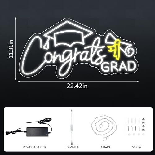 Congrats Grad Neon Sign Congrats Neon Lights Signs for Wall Decor with Dimmable Backdrop LED Light Up Signs for Party, Pho...