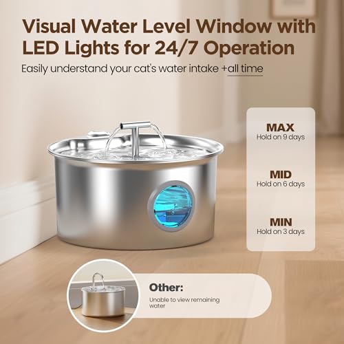 Cat Water Fountain Stainless Steel: 2.6L Cat Fountain for Drinking - Pet Water Fountain for Cats Indoor - Automatic Pet Wa...