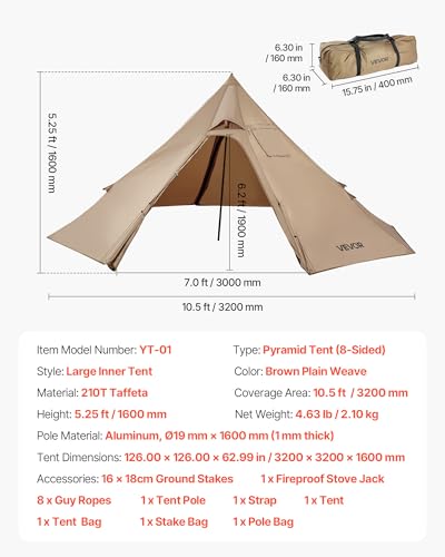 VEVOR Hot Tent, Camping Tipi Hot Tents with Stove Jack, Portable Winter Camping Tents with Snow Skirt, Easy Setup, Waterpr...
