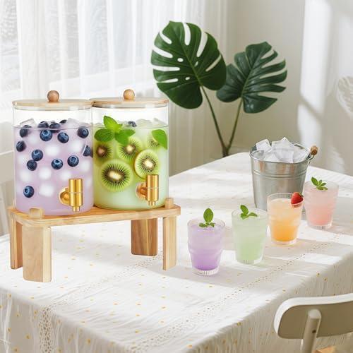 2 Pack Drink Dispenser with Wood Stand, Glass Beverage Dispenser with Spigot and Labels, Glass Water Dispenser for Partie...