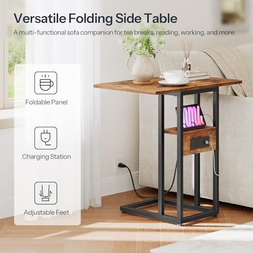 HOOBRO Foldable End Table, C Shaped Side Table with Charging Station, Sofa Couch Table That Slide Under for Living Room Be...