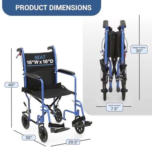 monicare Lightweight Wheelchair 16 inch Seat Ultralight Transport Chair with Locking Hand Brakes and Swing-Away Foot Rests...