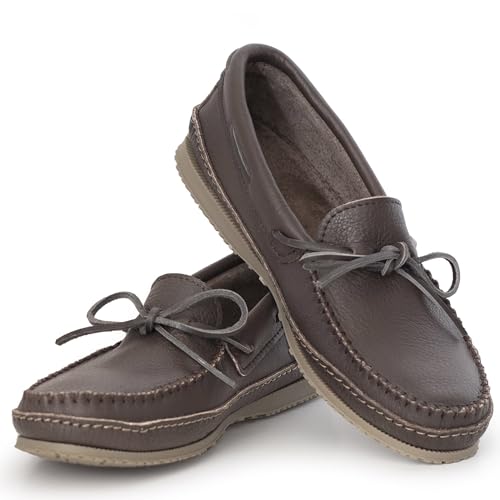 Laurentian Chief Moccasin Slippers for Men with Single Lacing, 8 Hole Collar and Padded Indian Rubber Sole, Canada Qualit...