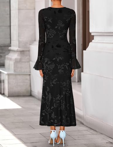 ZESICA Women's 2026 Bell Long Sleeve Floral Maxi Dress Spring Fashion Bodycon Mesh Wedding Guest Cocktail Party Dresses
