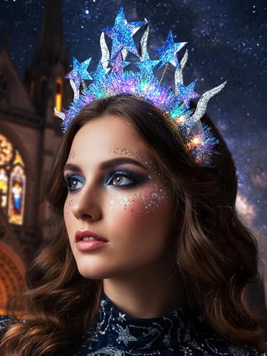 Formery Light Up Star Halo Crown Silver Celestial Goddess Headband Glitter LED Hair Accessories for Women