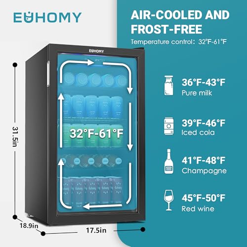 EUHOMY Beverage Refrigerator Cooler, 130 Can Mini Fridge with Glass Door for Soda Beer or Wine, Beverage Cooler for Home, ...