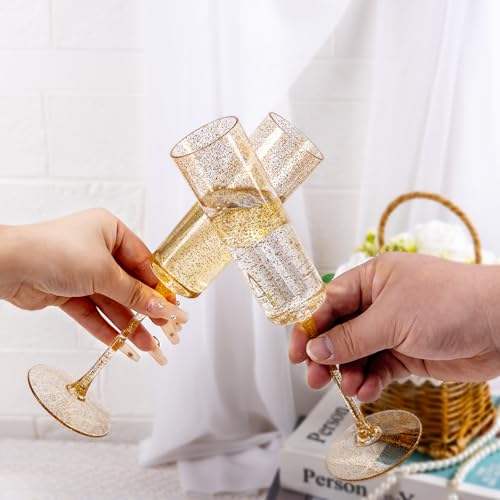 YOUBET 24 Pack Plastic Champagne Flutes - 6 Oz Gold Glitter Disposable Champagne Glasses - Square Plastic Wine Cups Weddin...