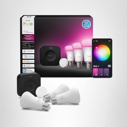 Philips Hue Starter Kit: Bridge Pro + 3 A19 E26 Smart Bulbs + Button, White & Color Ambiance, Smart Light Hub, Works with Apple Home, Alexa, Google, Samsung SmartThings