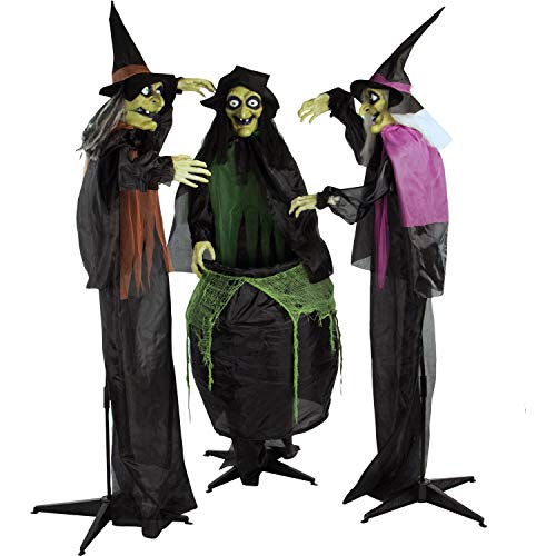 Haunted Hill Farm Life-Size Scary Talking 3 Witches with Cauldron Halloween Animatronic, Indoor or Covered Outdoor Poseable Halloween Decorations with Light up Eyes and Sound, Battery Operated