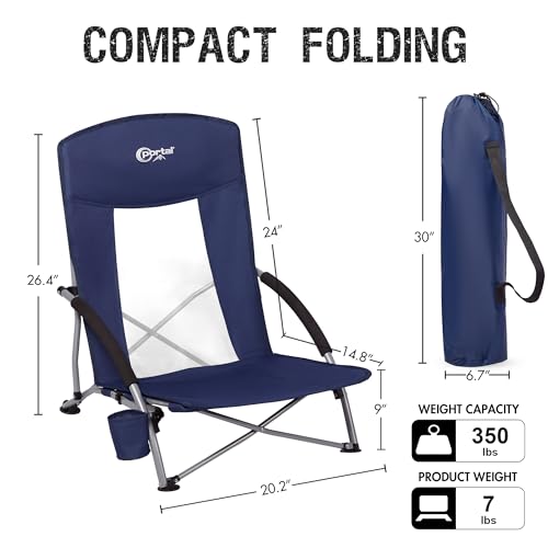 PORTAL Beach Chairs for Adults Camping Low Lightweight Portable Chair with Cup Holder Mesh Back Carry Bag for Outdoor Sand...