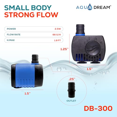 Aqua Dream 66 GPH Submersible Pump(250L/H,2.5W) Ultra Quiet Adjustable Water Pump For Pond,Aquarium,Fish Tank,Fountain,Hyd...