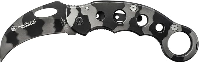 Smith & Wesson Extreme Ops Folding Karambit with 3" 7Cr Steel Blade, Finger Hole, Pocket Clip, for Tactical, Outdoors, and...