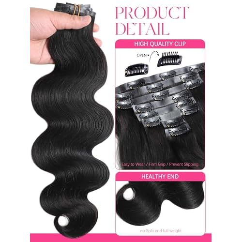 Lacer Body Wave Clip in Hair Extensions Real Human Hair, Seamless 22 Inch 7 Pcs 115g Wavy Human Hair Clip in Extensions for Women Natural Black