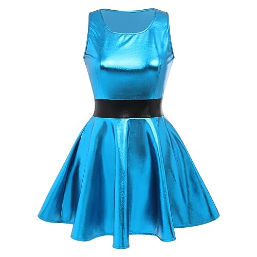 IMEKIS Women Girls Anime Halloween Costume Rave Outfit Metallic Mini Skater Dress Cosplay 80s Birthday Outfit