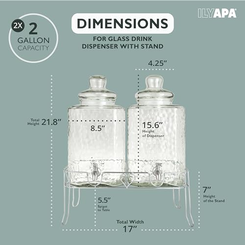 Ilyapa Double Glass Beverage Dispenser with Stand - 2 Gallon Large Drink Dispensers for Ice Water, Lemonade, Juice, Sangri...