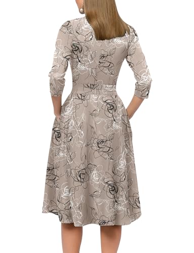 Simple Flavor Women's Floral Vintage Dress Elegant Midi Evening Dress 3/4 Sleeves