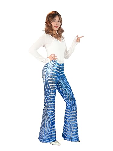 Nawgut Sequin Flare Pants Sparkly Glitter High Waisted Bell Bottom Trousers Disco Party Clubwear for Women